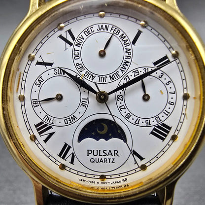 Seiko Pulsar Triple Calendar Watch Men 34mm White Dial Gold Tone V33F7020 NewBat1