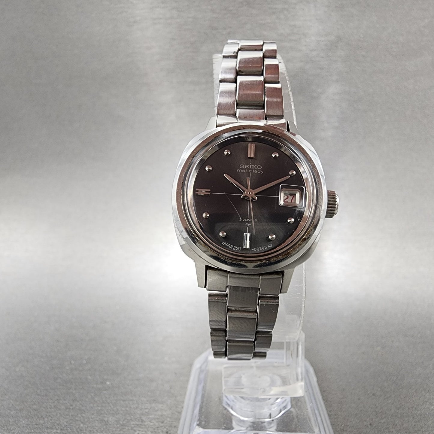 Seiko Seikomatic Lady Watch Women 24mm Black Dial Silver Tone Date 25173201 Runs5