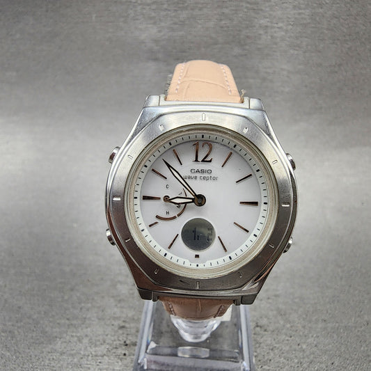 Casio Wave Ceptor Watch Women 35mm White Dial Silver Tone Analog Digital WorksBC0