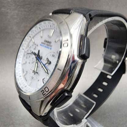 Casio Wave Ceptor Solar Watch Men 43mm White Dial Silver Tone Chronograph Runs2