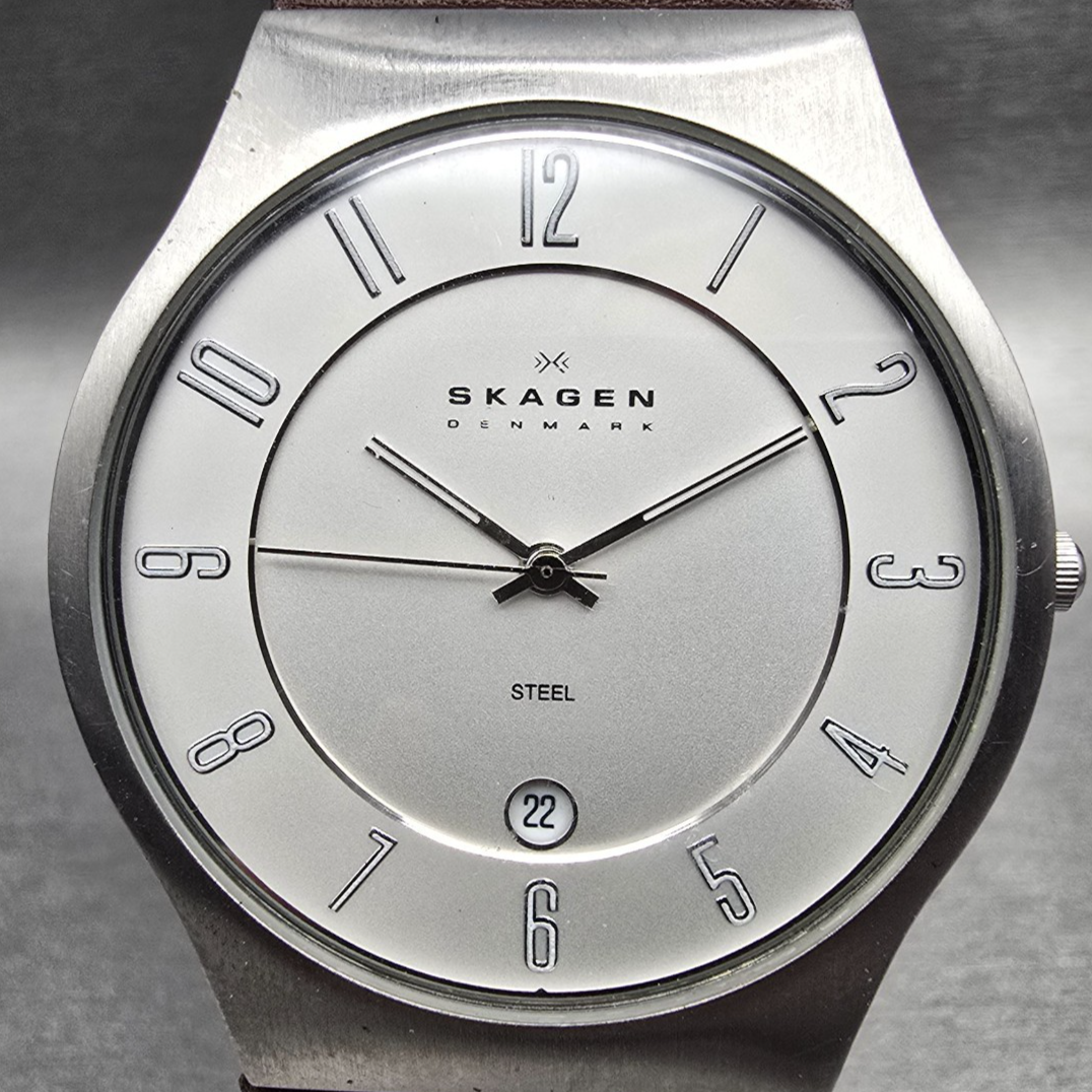 Skagen Grenen Watch Men 42mm Silver Dial Silver Tone Date 233XXLSL New Battery1