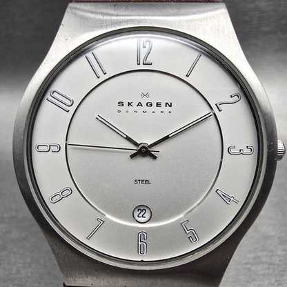 Skagen Grenen Watch Men 42mm Silver Dial Silver Tone Date 233XXLSL New Battery1