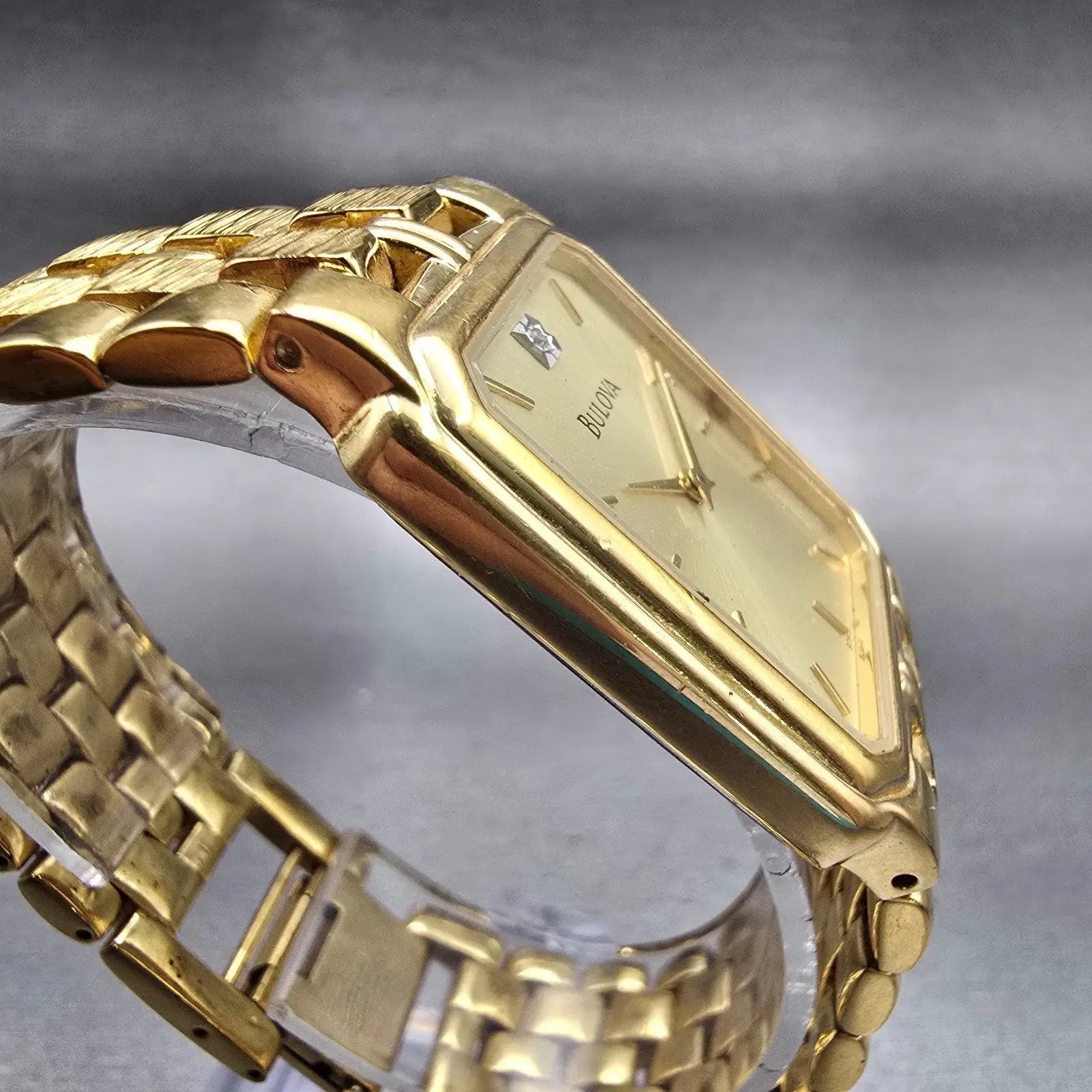 Bulova Watch Men 27mm Champagne Dial Gold Tone Rectangle New Battery Vintage3