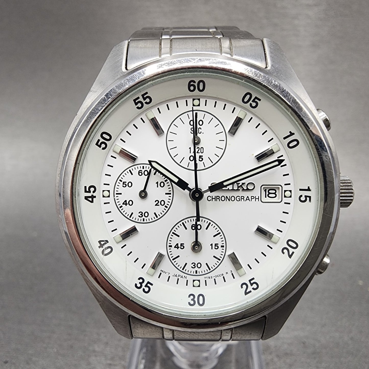 Seiko Chronograph Watch Men 39mm White Dial Silver Tone Date 7t920cc0 New Batt0