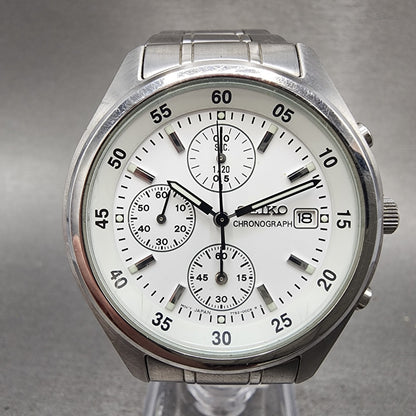 Seiko Chronograph Watch Men 39mm White Dial Silver Tone Date 7t920cc0 New Batt0