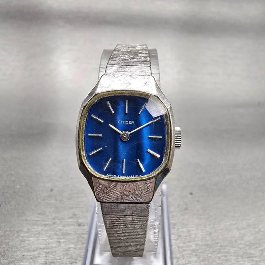 Citizen Watch Women 19mm Blue Dial Silver Tone Oval 4-676173 Manual Wind Vintage0