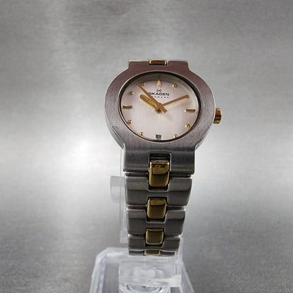Skagen Watch Women 23mm Silver Dial Two Tone Date Round 236SGX New Battery
