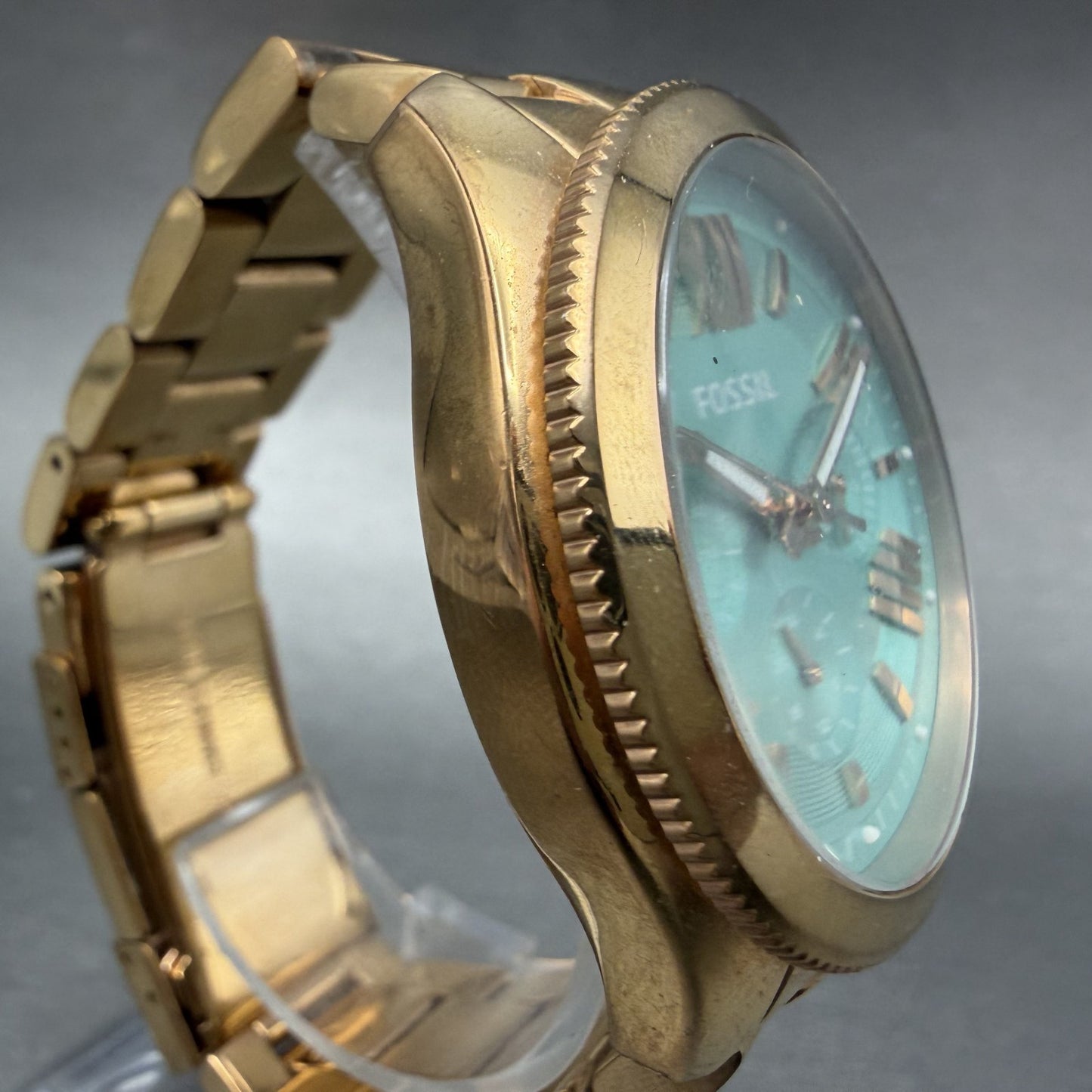 Fossil Cecile Watch Women 41mm Blue Dial Rose Gold Tone Daydate Round New Batt3