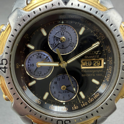 Seiko Chronograph Sports 150 Dive Watch Men 42mm Black Dial Two Tone Date PARTS2