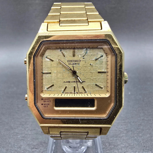 Seiko Analog Digital Watch Men 33mm Gold Dial Gold Tone H601-5389 PARTS Vintage0
