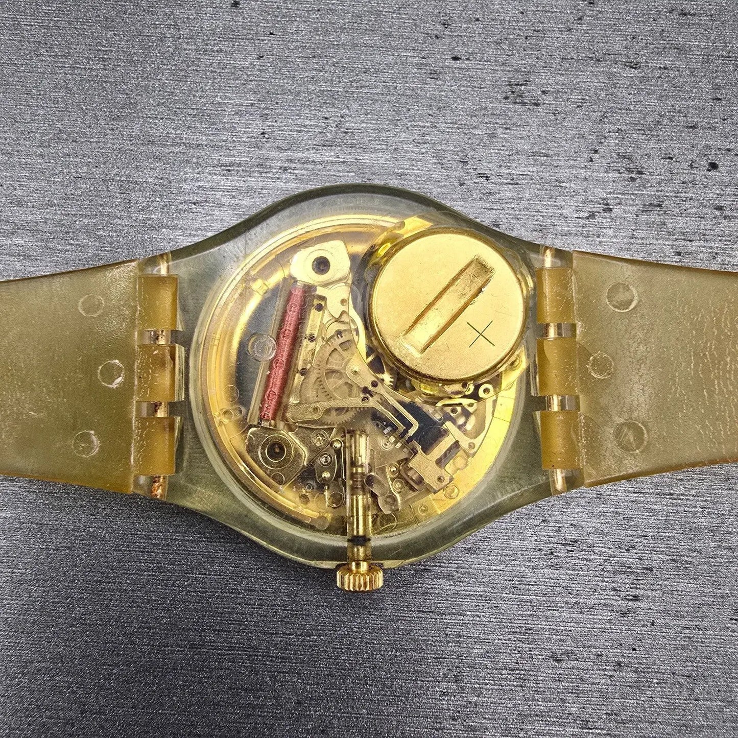 Swatch Golden Jelly Watch Men 34mm Skeleton Dial Clear Case READ! GZ115 New Batt9