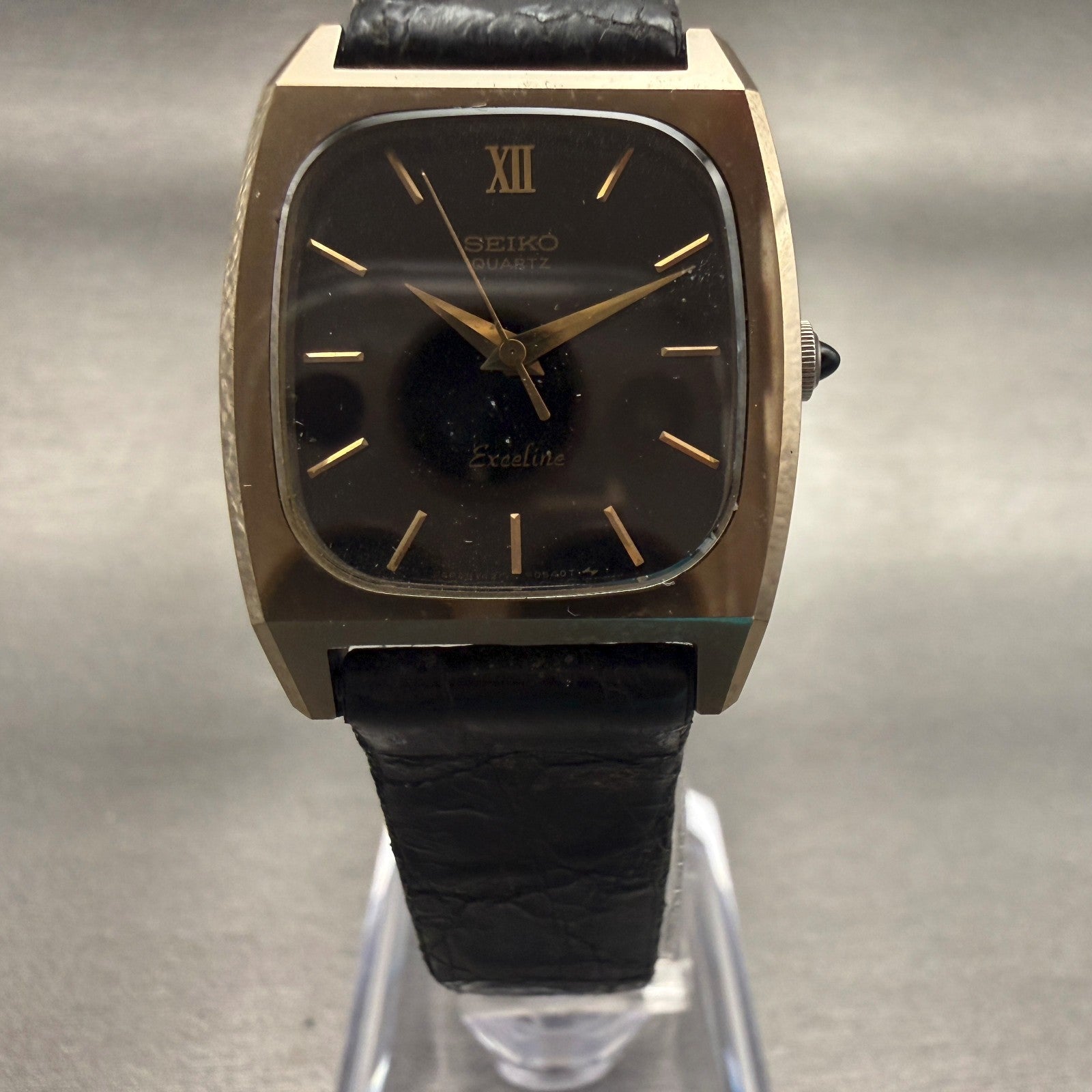 Seiko Exceline Watch Men 24mm Black Dial Gold Tone Rectangle 1421-5300 New Batt5