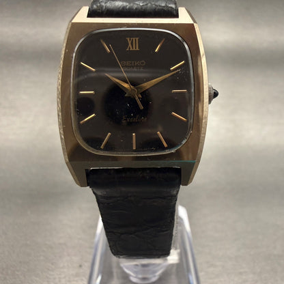 Seiko Exceline Watch Men 24mm Black Dial Gold Tone Rectangle 1421-5300 New Batt5
