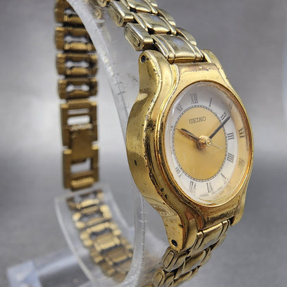 Seiko Watch Women 20mm White & Gold Dial Gold Tone Round 1N01 New Battery3