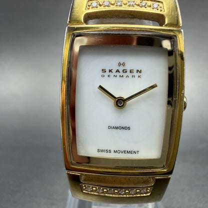 Skagen Tank Watch Women 21mm MOP Dial Gold Tone Diamond Bezel New Battery1
