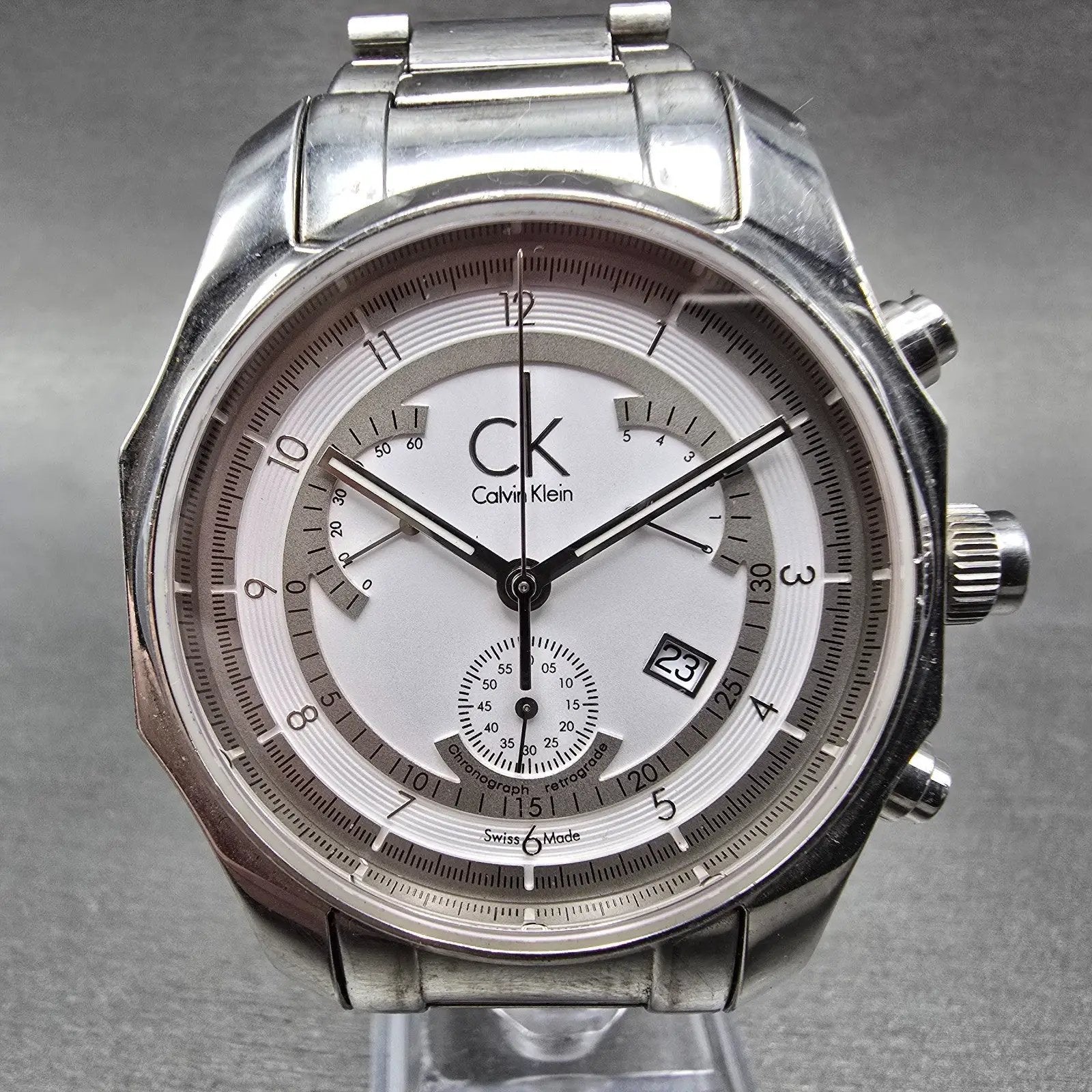 Calvin Klein Chronograph Watch Men 42mm White Dial Steel Date K77311 New Batt0