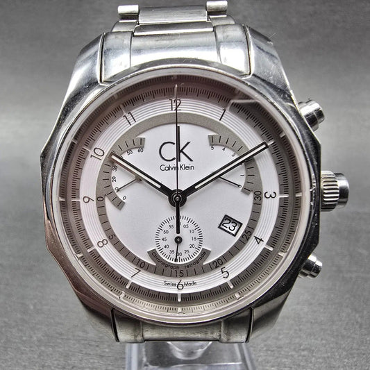 Calvin Klein Chronograph Watch Men 42mm White Dial Steel Date K77311 New Batt0