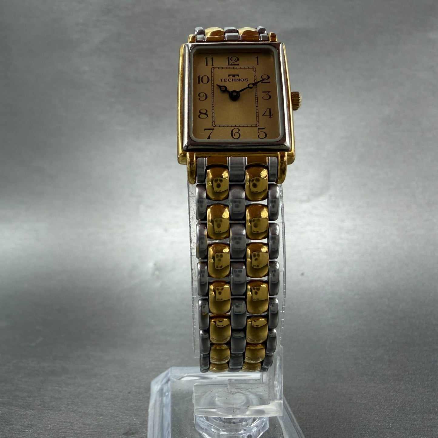 Technos Tank Watch Women 18mm Gold Dial Two Tone  Rectangle New Battery5