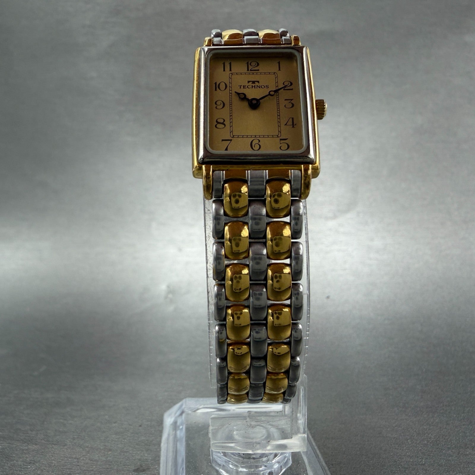 Technos Tank Watch Women 18mm Gold Dial Two Tone  Rectangle New Battery5