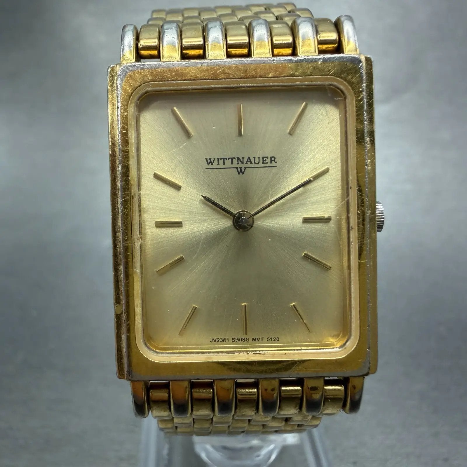 Wittnauer Tank Watch Men 24mm Champagne Dial Gold Tone JV23815120 New Battery0