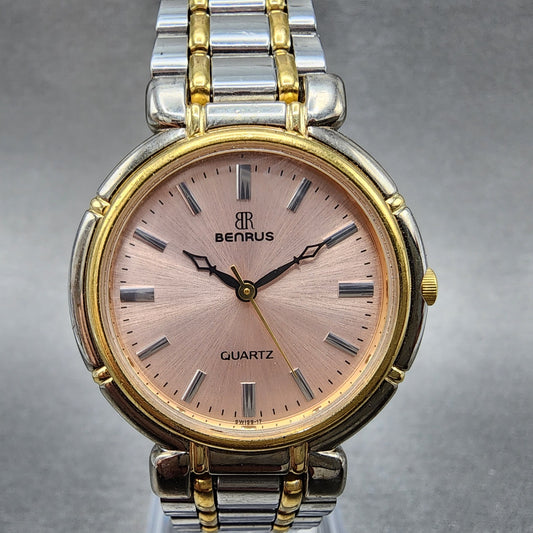 Benrus Watch Women 32mm Pink Dial Two Tone Round Vintage New Battery0