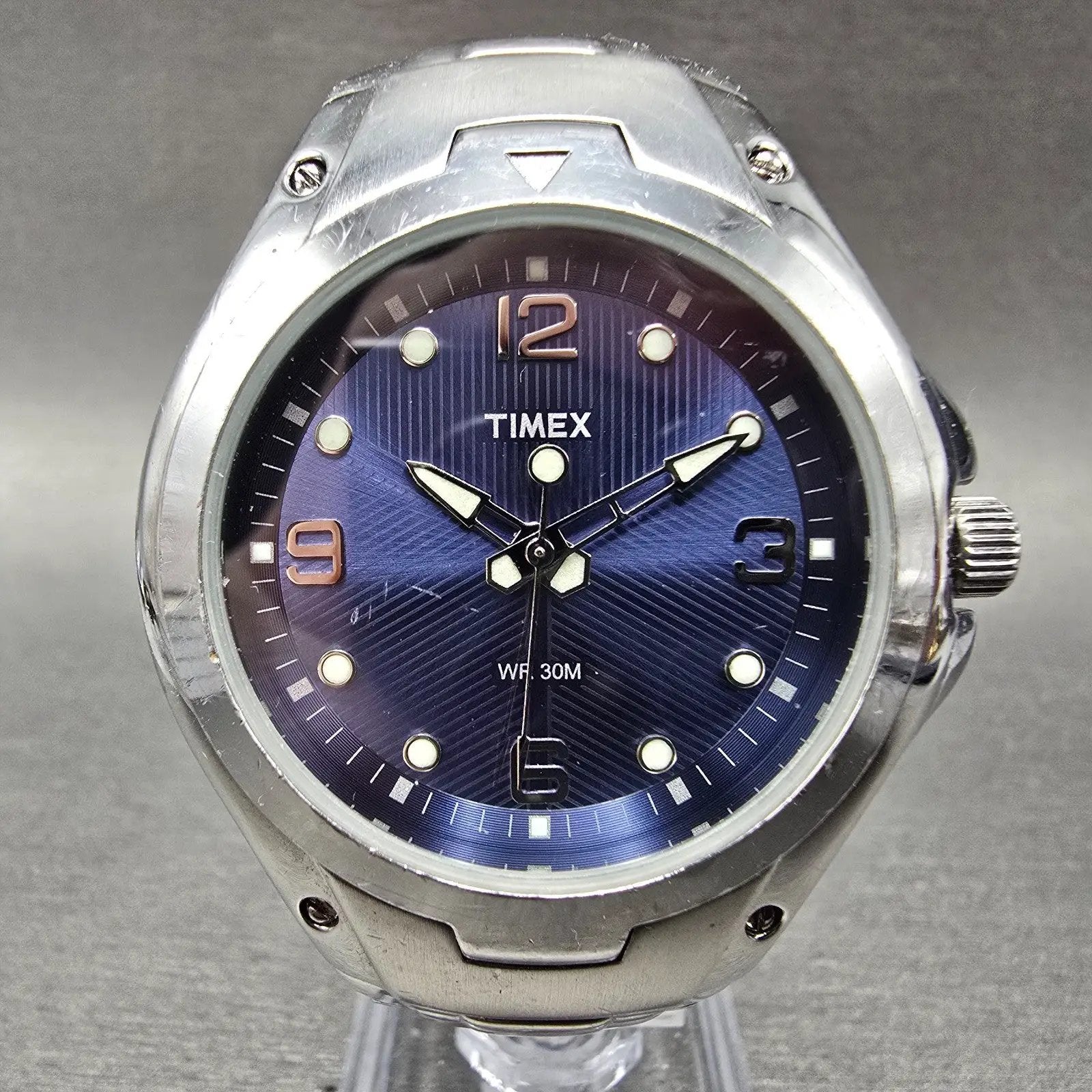 Timex Watch Men 40mm Blue Dial Silver Tone Round Bracelet New Battery0