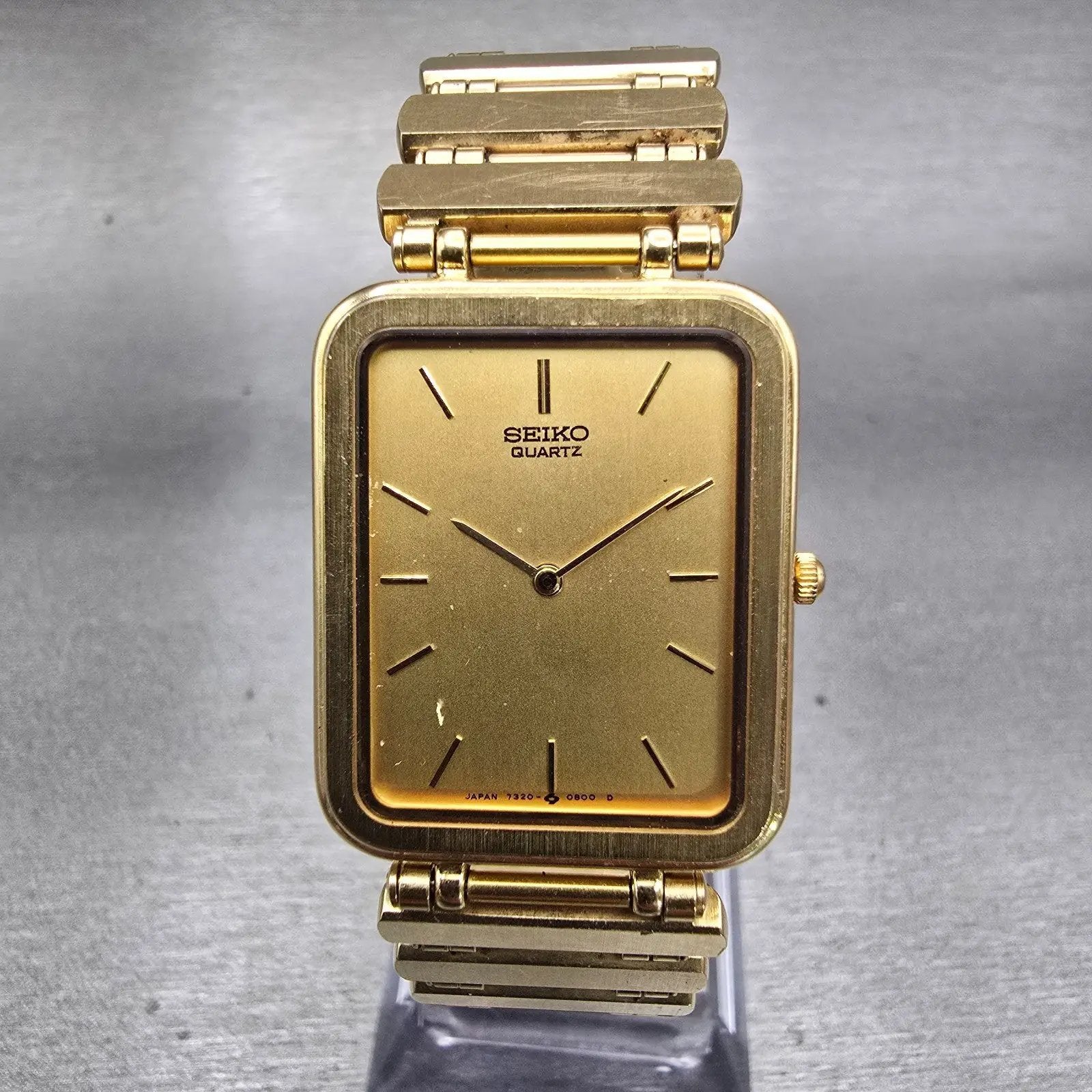 Seiko Watch Men 23mm Gold Dial Gold Tone Rectangle 7320-5889 New Battery VTG0