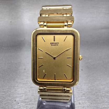 Seiko Watch Men 23mm Gold Dial Gold Tone Rectangle 7320-5889 New Battery VTG0