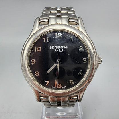 Vintage Renoma Watch Men Silver Tone Black Dial 35mm Round New Battery