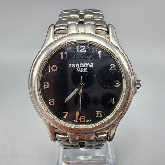 Vintage Renoma Watch Men Silver Tone Black Dial 35mm Round New Battery