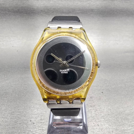 Swatch PLAITED Watch Men 34mm Silver Dial Amber Case GK350 New Battery Vintage0