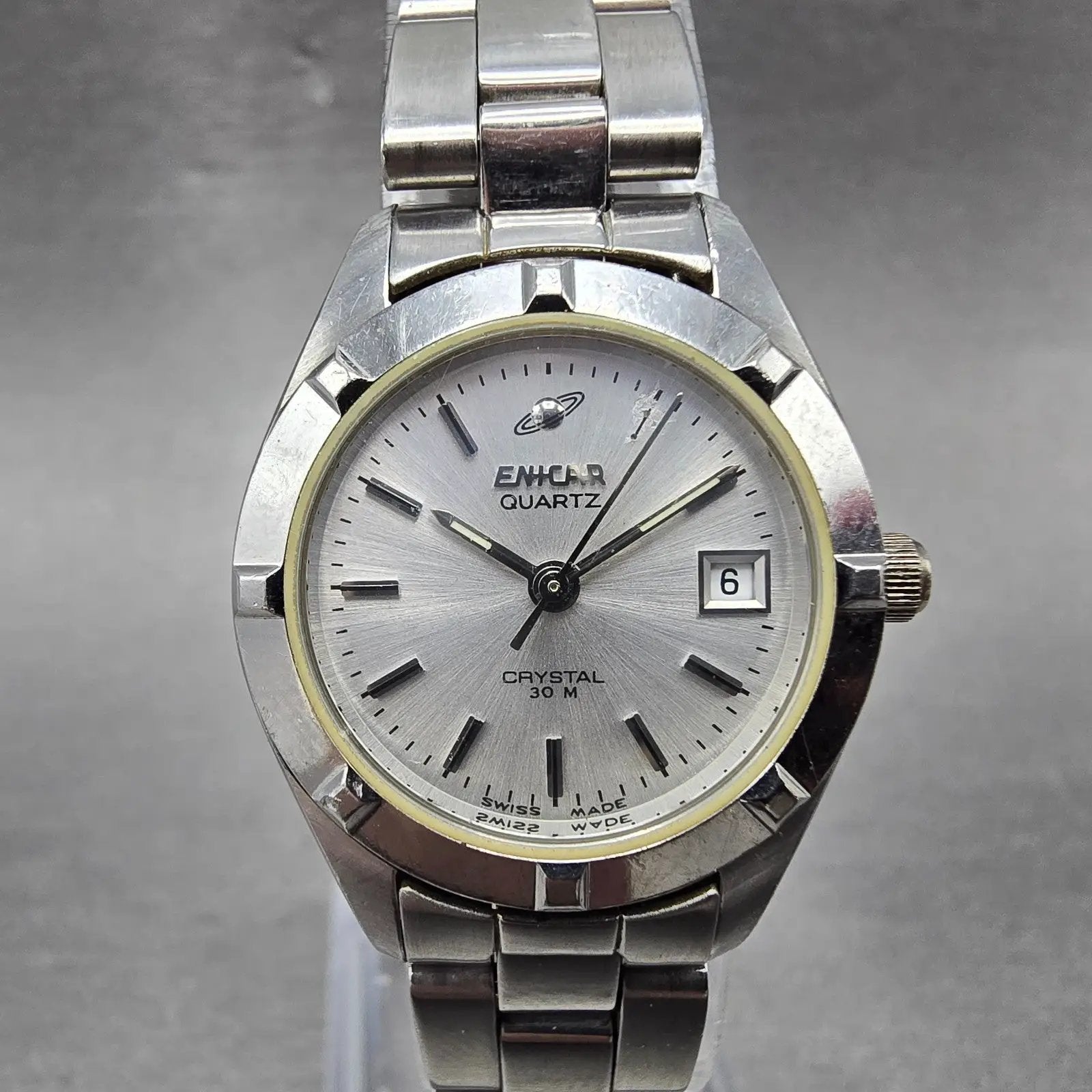Enicar Watch Women 25mm Silver Dial Silver Tone Date Round 956.083 New Battery0