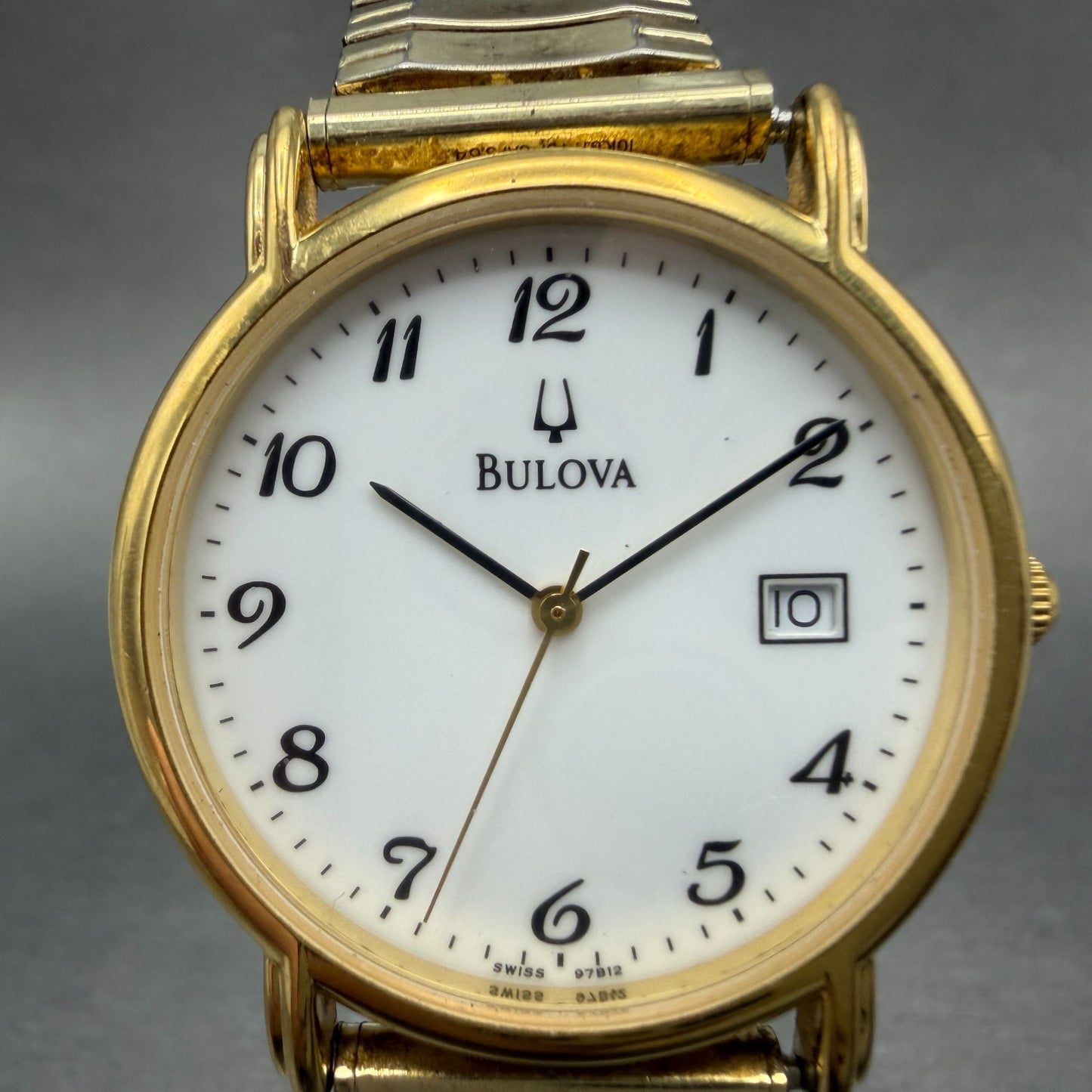 Bulova Watch Men 34mm White Dial Gold Tone Date Round 97B12 New Battery1
