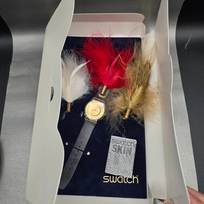 Swatch Plume de Fête Watch Men 34mm Gold Dial Clear Case SFK136 New Battery NOS13
