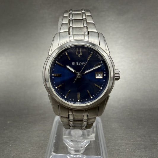 Bulova Watch Women 26mm Blue Dial Stainless Steel Date Round 96M107 New Battery0