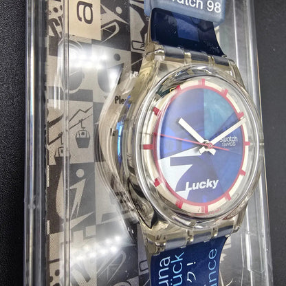 Swatch Access Lucky 7 Watch Men 34mm Blue Dial Clear Case SKZ116 New Battery NOS6