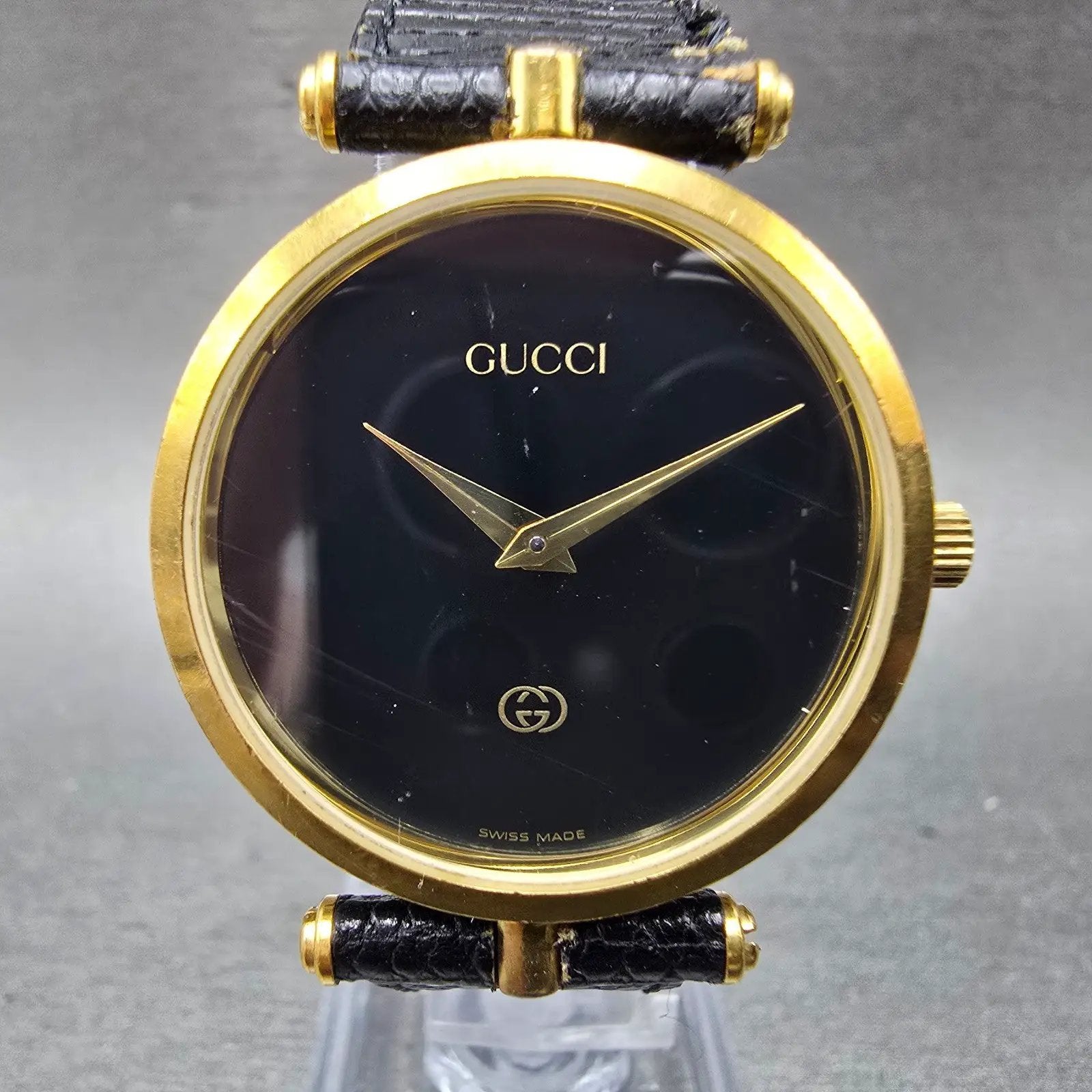 Gucci 2000M Watch Men 30mm Black Dial Gold Plated Leather Round New Battery VTG0