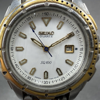 Seiko SQ 100 Dive Watch Women 31mm White Dial Two Tone Date 7N82-6C30 NewBattery1