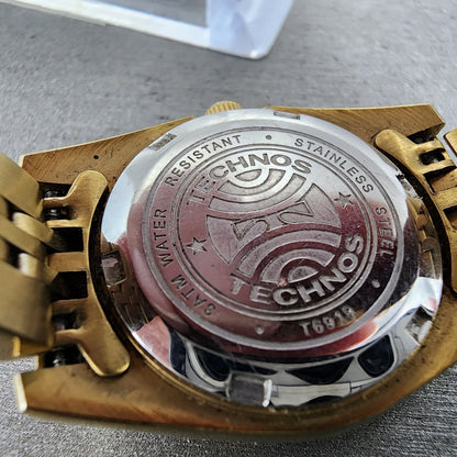 Technos Datejust Watch Women 27mm Champange Dial Gold Tone Date Round New Batt10