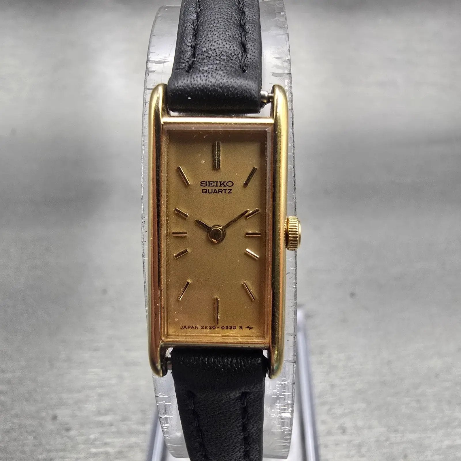 Seiko Watch Women 12mm Gold Dial Gold Tone Rectangle 2E20-5239 New Battery VTG0