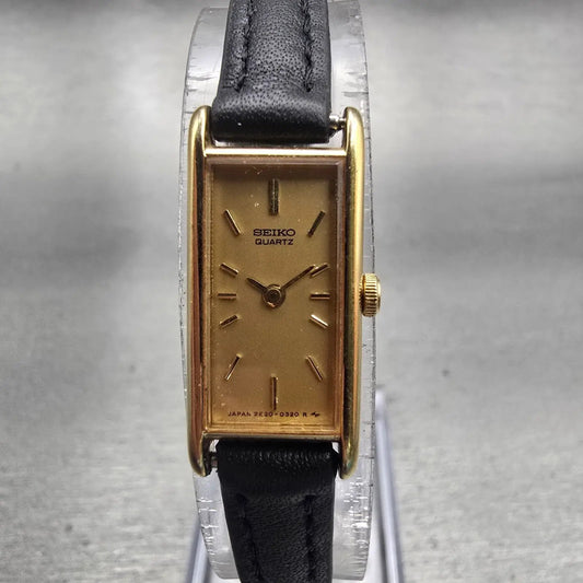 Seiko Watch Women 12mm Gold Dial Gold Tone Rectangle 2E20-5239 New Battery VTG0