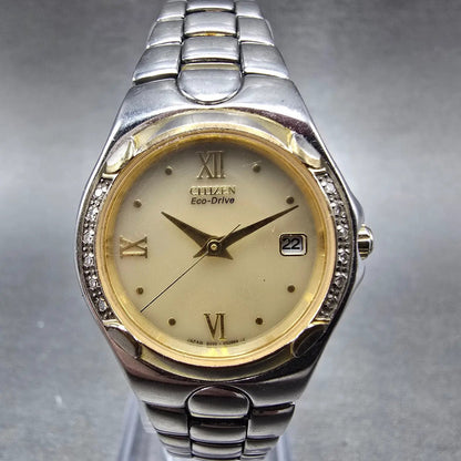 Citizen Eco-Drive Watch Women 25mm Cream Dial Two Tone Date Diamonds Runs JP0