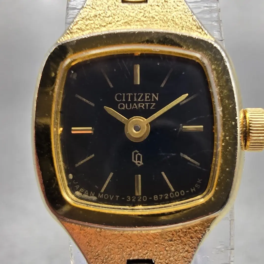 Citizen CQ Watch Women 17mm Black Dial Gold Tone Rectangle 3220-S20889 New Batt1