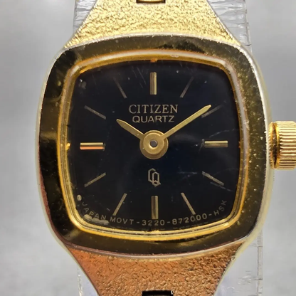 Citizen CQ Watch Women 17mm Black Dial Gold Tone Rectangle 3220-S20889 New Batt1