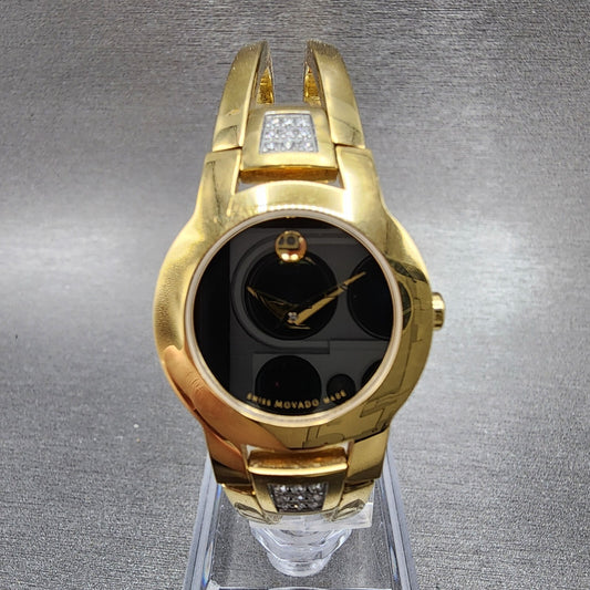 Movado Amorosa Watch Women 24mm Black Dial Gold Diamond Accents New Battery0