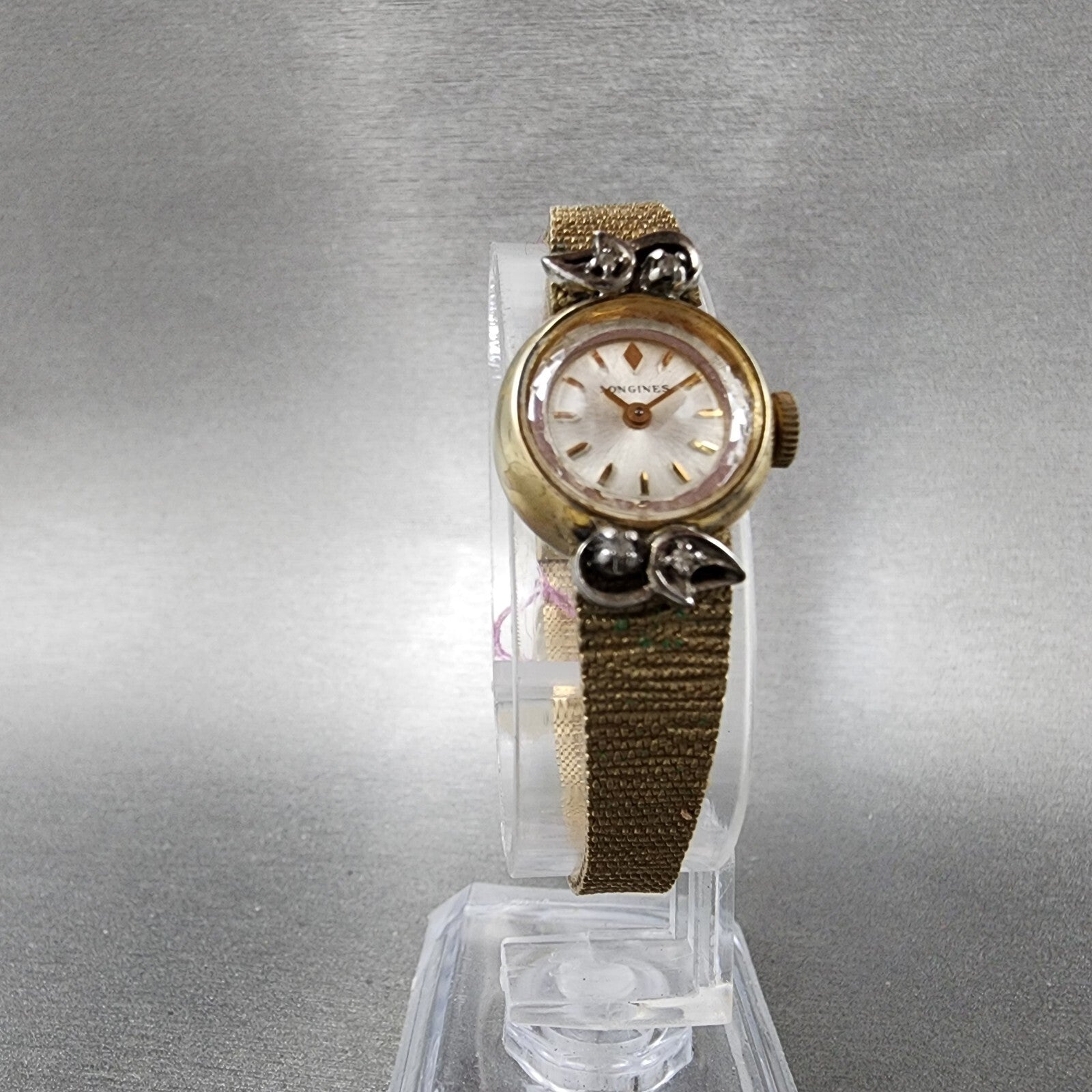 Longines Watch Women 17mm Silver Dial Gold Tone Diamond Manual Wind Runs NOS6