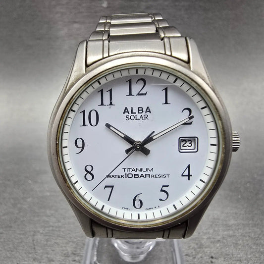 Seiko Alba Solar Watch Men 34mm White Dial Titanium Date V145-0AM0 Runs0