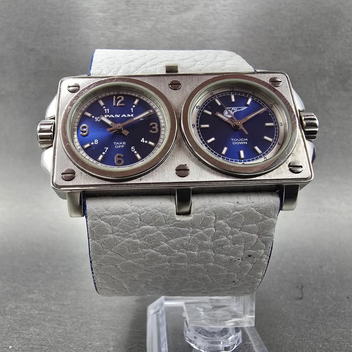 Panam Dual Time Watch Men 56mm Blue Dial Silver Tone Rectangle New Battery7