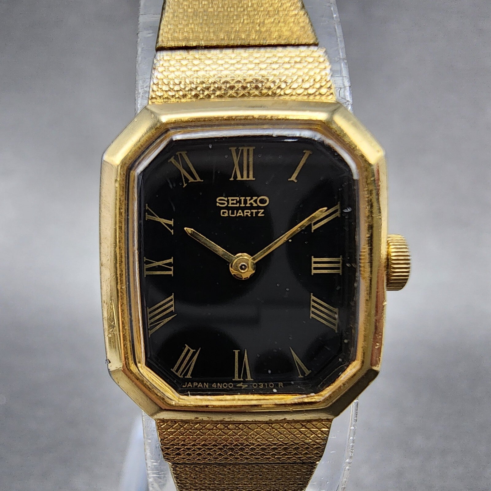 Seiko Watch Women 17mm Black Dial Gold Tone Octagon 4N005139 New Battery B1231