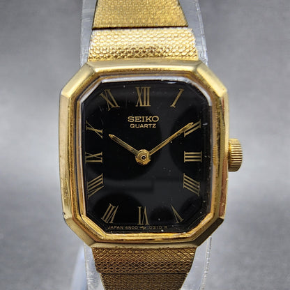 Seiko Watch Women 17mm Black Dial Gold Tone Octagon 4N005139 New Battery B1231